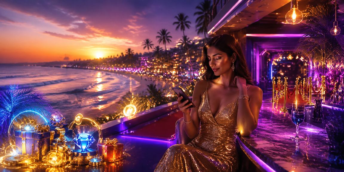 Relaxing Goa beach scene with mobile payments app on smartphone