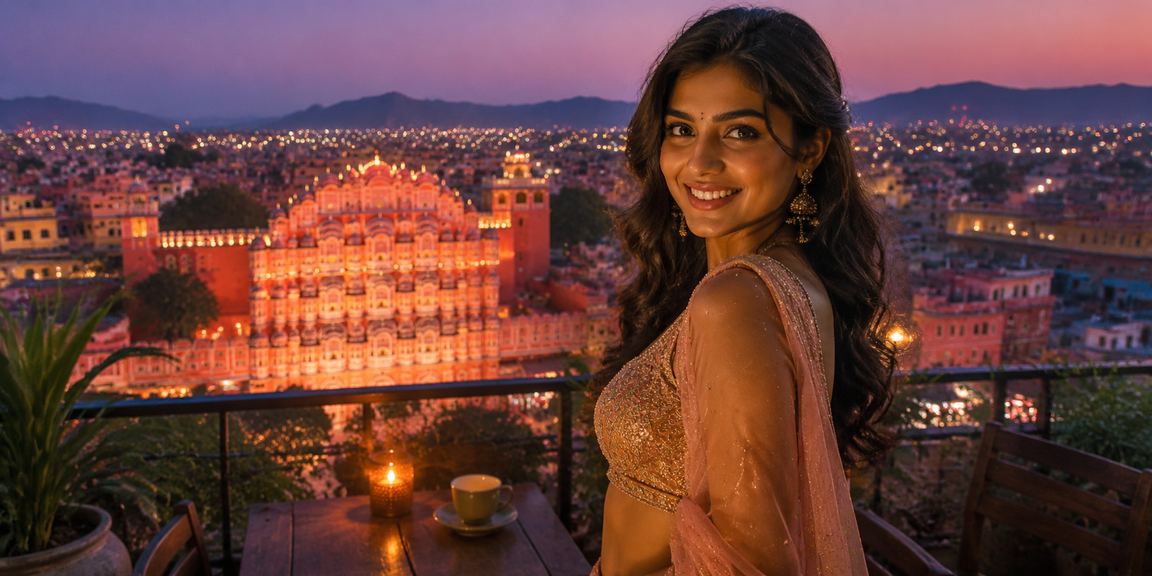 Player enjoying Andar Bahar near Jaipur's Hawa Mahal backdrop