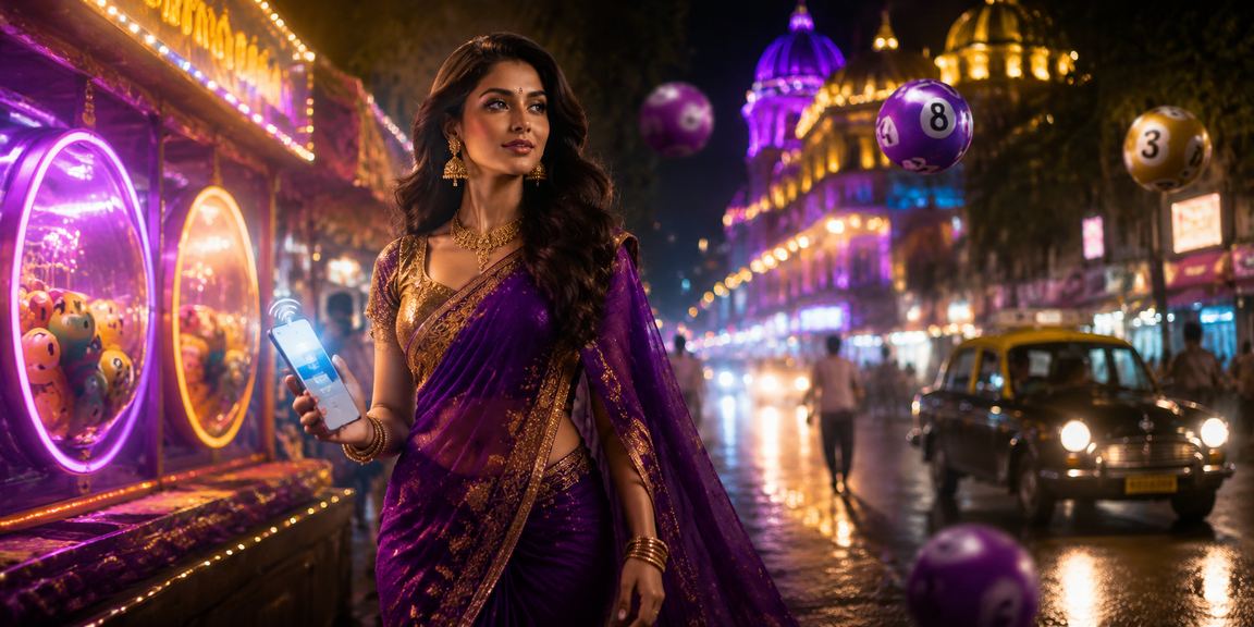 Night market in Mumbai with vibrant lottery and ticket booths